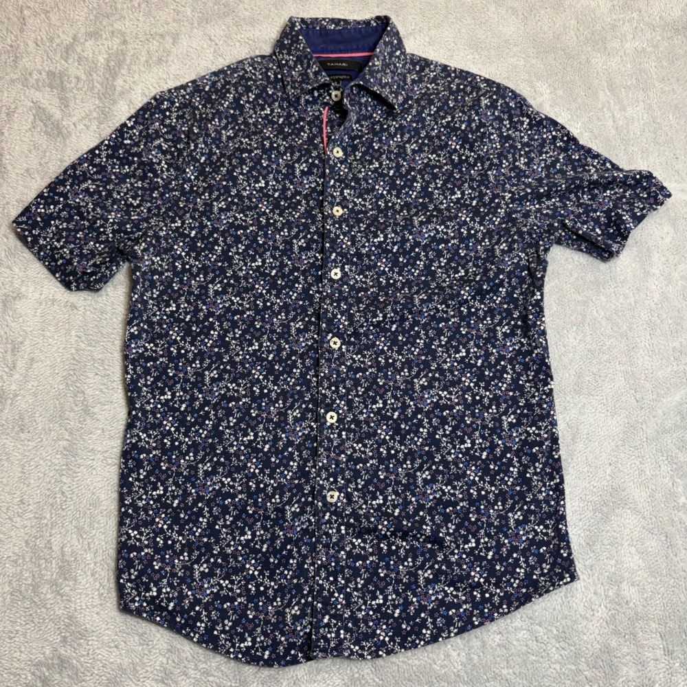 Tahari Button Down Shirt Mens Small Navy Floral Slim Fit Stretch Short Sleeve